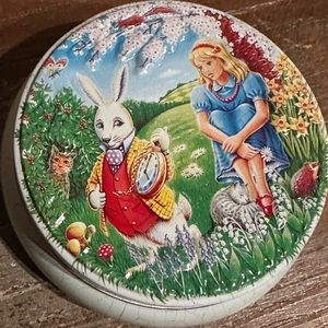 Vintage Alice in Wonderland Tin White Rabbit & Alice round